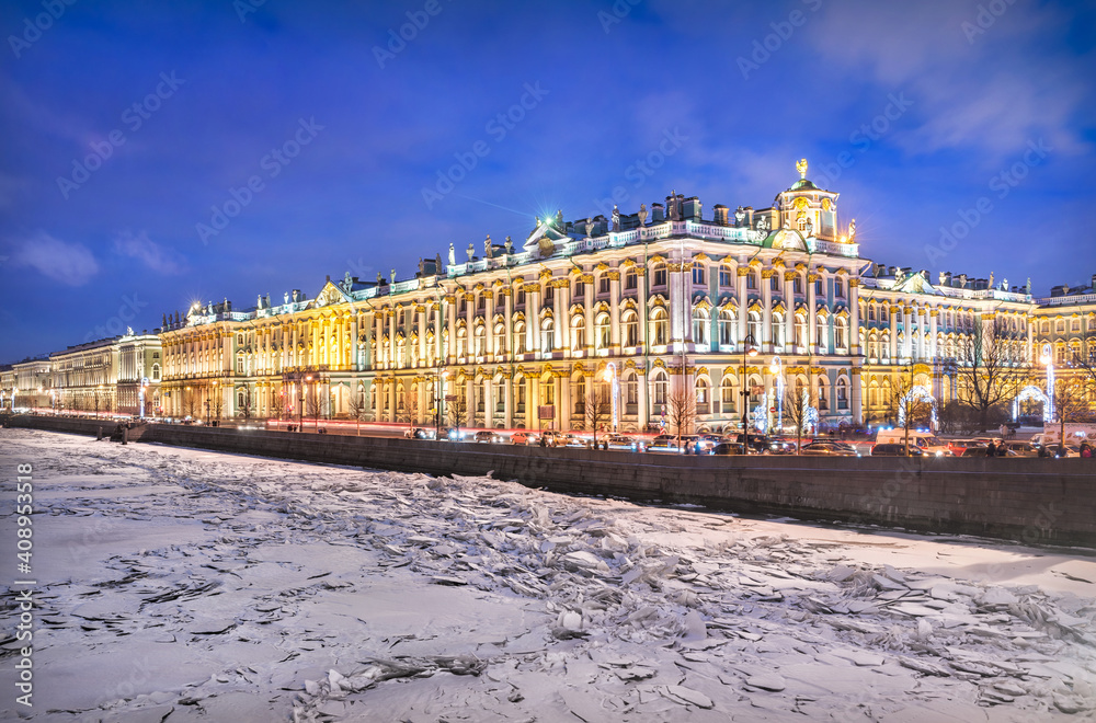 Winter Palace in St. Petersburg and ice on the Neva River