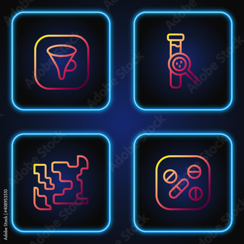 Set line Medicine pill or tablet, Gaseous, Funnel filter and Test tube and flask. Gradient color icons. Vector.