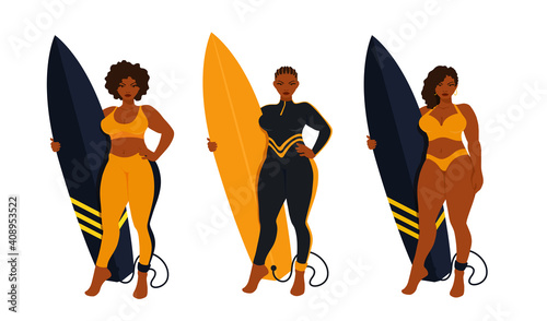 Beautiful surfer curvy women holding a surfboard, wearing a full black wetsuit. A surf board with a surfing leash. A vector cartoon illustration.