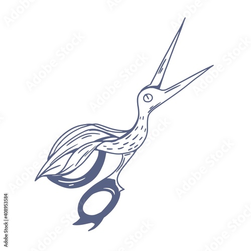 Pair of antique scissors shaped in fancy bird design. Sewing or embroidery sheers with blades similar to crane or stork. Hand-drawn monochrome vector illustration isolated on white background