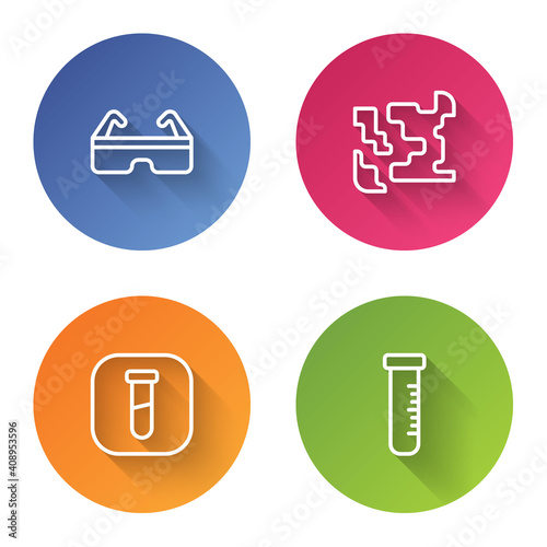 Set line Safety goggle glasses, Gaseous, Test tube and flask and . Color circle button. Vector.