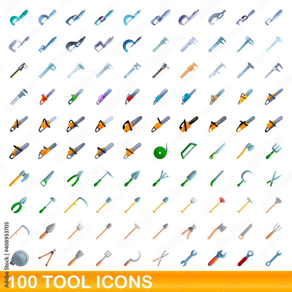 100 tool icons set. Cartoon illustration of 100 tool icons vector set isolated on white background 100 tool icons set. Cartoon illustration of 100 tool icons vector set isolated on white background
