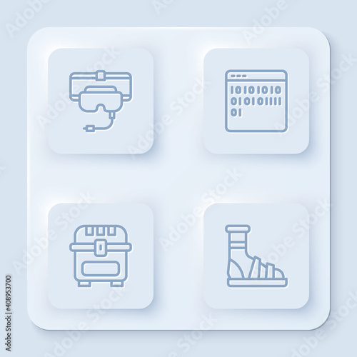 Set line Virtual reality glasses, Binary code, Antique treasure chest and Slippers with socks. White square button. Vector.