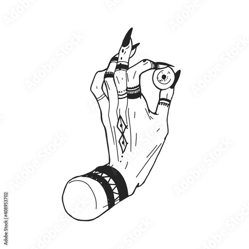 Witch holding eyeball as mystical attribute for witchcraft and wizardry. Human eye in boney fingers of female hand. Black and white hand drawn vector illustration isolated on white background