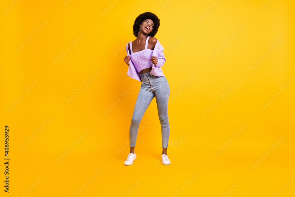 Full size portrait of nice dark skin person look empty space enjoy dancing wear purple isolated on yellow color background - obrazy, fototapety, plakaty 