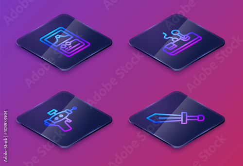 Set Isometric line Card game, Ray gun, Gamepad and Sword for. Blue square button. Vector.