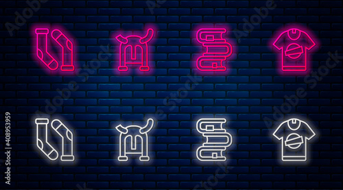 Set line Viking in horned helmet, Book, Socks and T-shirt. Glowing neon icon on brick wall. Vector.