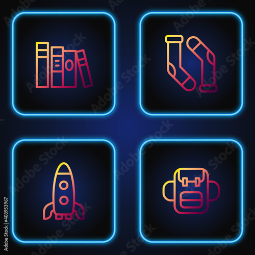 Set line School backpack, Rocket ship, Book and Socks. Gradient color icons. Vector.