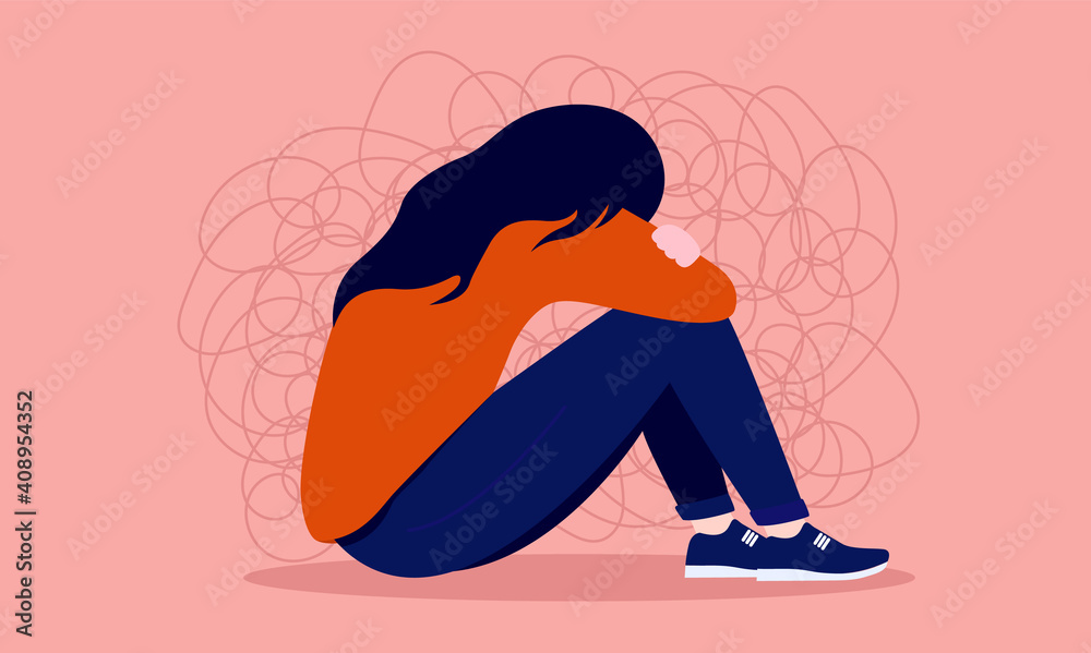 Anxiety - Anxious teen girl suffering from depression sitting with head in lap. Woman mental health concept. Vector illustration. - obrazy, fototapety, plakaty 