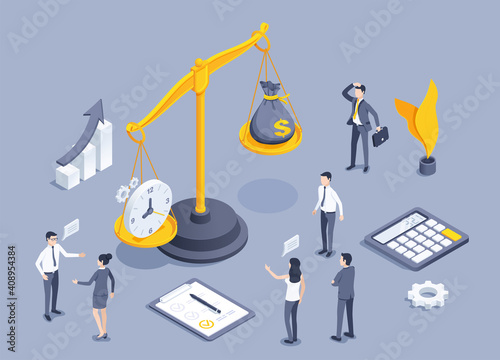 isometric vector illustration on gray background, scales with clock and money bag, people in business clothes, time or money