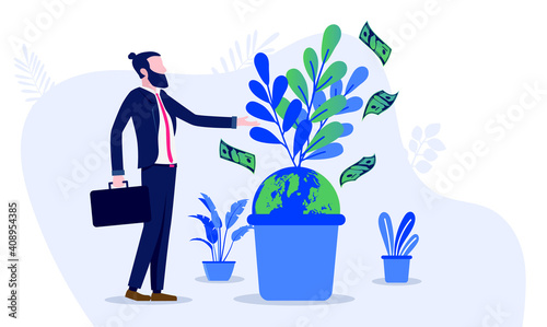 Sustainable green business - Businessman standing with earth in flower pot, plant and money. Vector illustration.