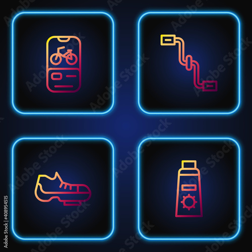 Set line Sunscreen cream in tube, Bicycle shoes, rental mobile app and pedals. Gradient color icons. Vector.