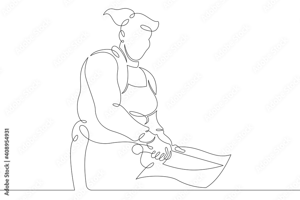 Woman chef prepares food in the restaurant kitchen. Chef cook in uniform.One continuous drawing line  logo single hand drawn art doodle isolated minimal illustration.