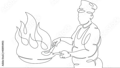 Woman chef prepares food in the restaurant kitchen. Chef cook in uniform.One continuous drawing line  logo single hand drawn art doodle isolated minimal illustration.