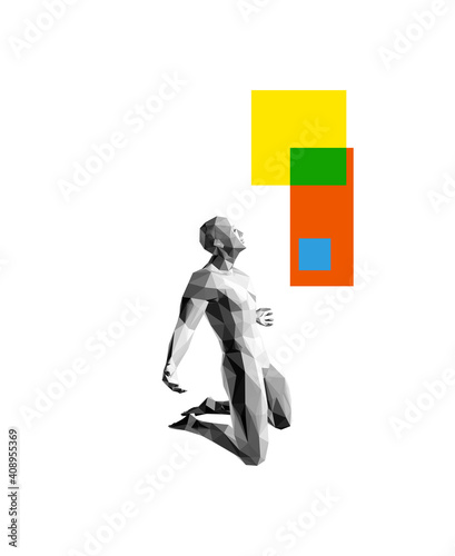 Man kneeling and praying to God. 3D vector illustration in trendy abstract polygonal style.