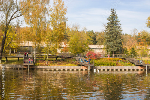 Cascade of beautiful ponds in autumn in the city park in Moscow. Of the Russian Federation.