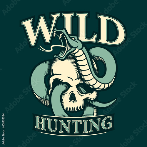 Snake entwined with human skull template in vintage monochrome style isolated. Wild hunting t-shirt print mockup vector illustration