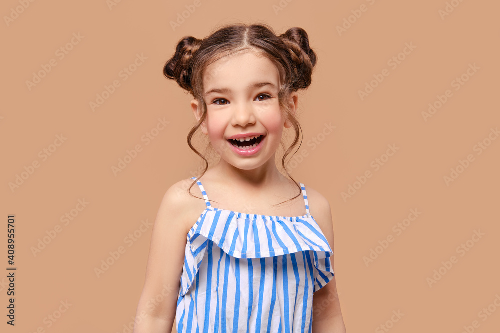 Portrait of cute young girl in sundress screaming in studio Portrait of cute young girl in sundress screaming in studio