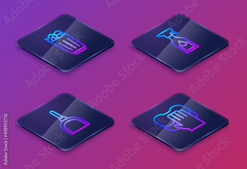 Set Isometric line Full trash can, Dustpan, Cleaning spray bottle and service. Blue square button. Vector.