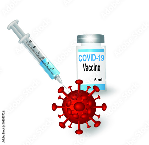 Covid-19 corona virus vaccination with vaccine bottle and syringe injection tool for covid19 immunization treatment. Vector illustration.