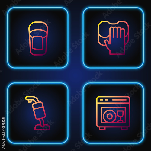 Set line Dishwasher machine, Vacuum cleaner, Bucket with rag and Cleaning service. Gradient color icons. Vector.