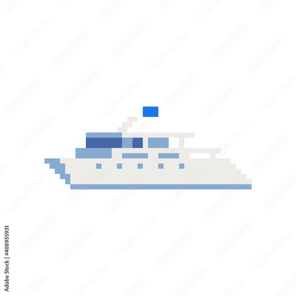 Cruise liner. Pixel art icon. Maritime sea ship. Logo for travel agency. Sticker design. 8-bit sprite. Isolated vector illustration.