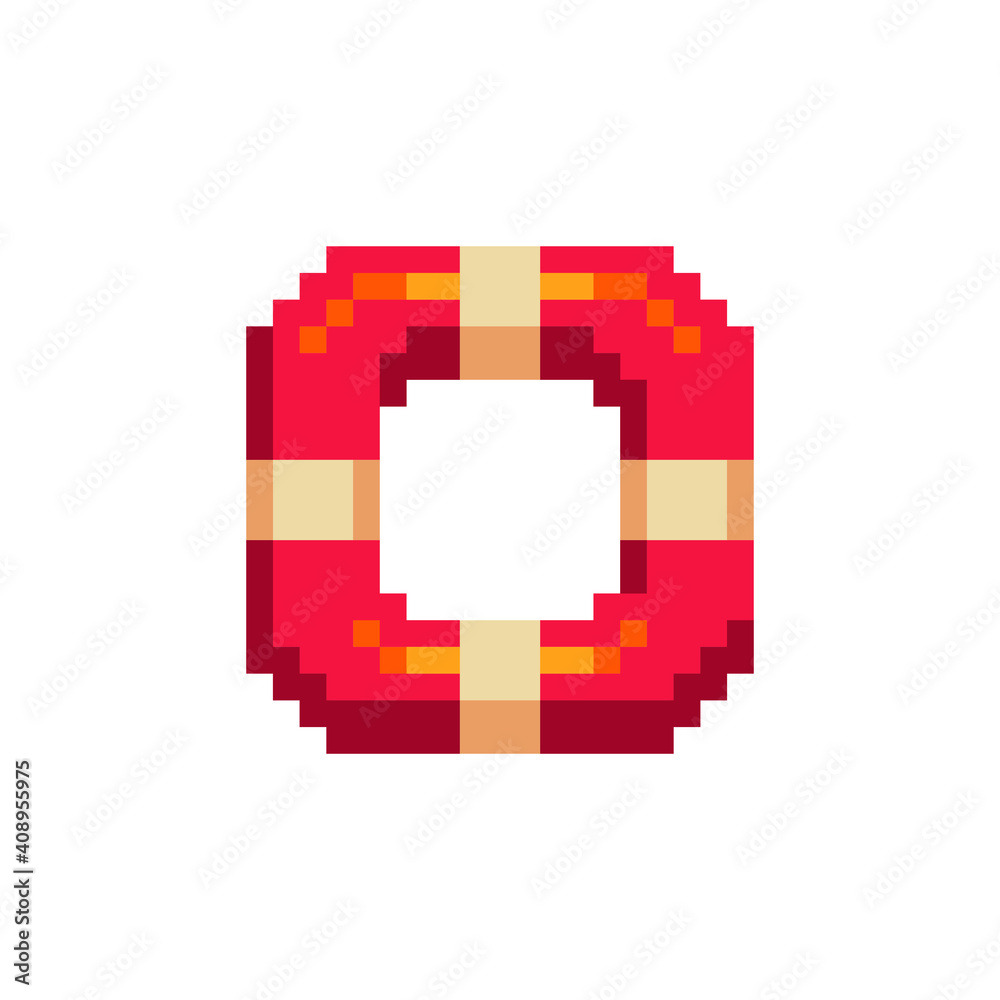 Lifebuoy pixel art icon, support sign. Isolated vector illustration. Design for stickers, logo, app, embroidery. 