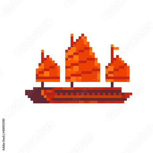 Vietnamese sailboat, Junk boat, Halong Bay, Vietnam. Pixel art 80s style icon isolated vector illustration. Tourism and travel. Game assets 8-bit sprite. Design for stickers, logo and mobile app.