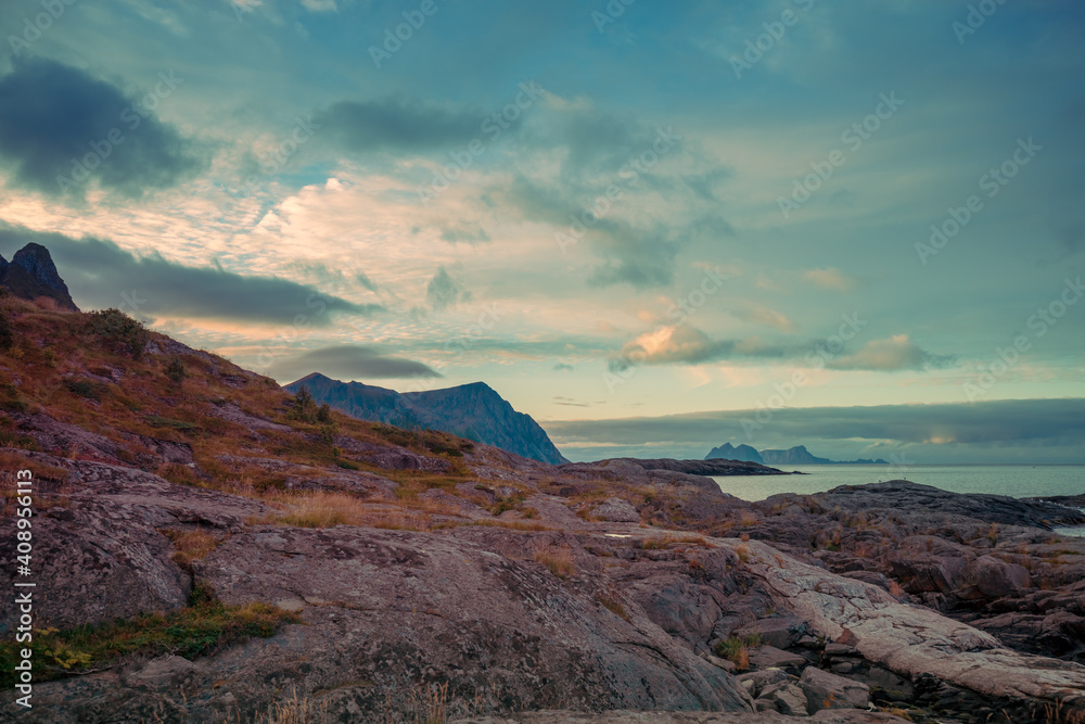 Fototapeta premium Rocky seashore with cloudy sky. Wilderness. Beautiful nature of Norway. Lofoten islands