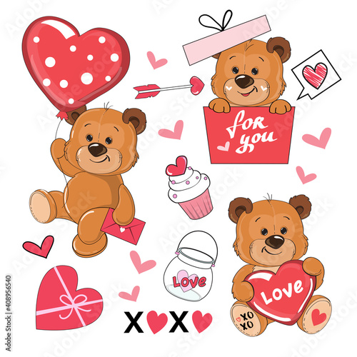 Collection of cute teddy bears on a white background isolated. Vector cartoon illustration. Funny animals stickers