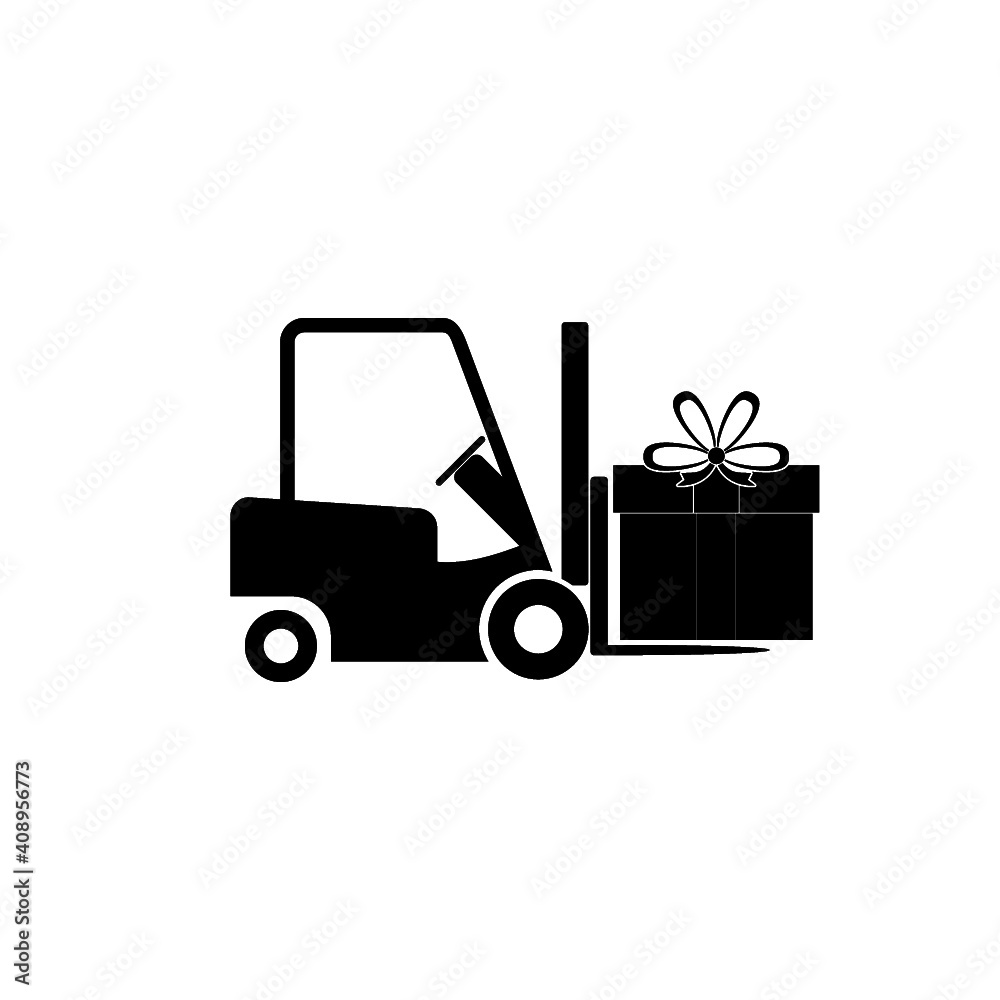 Forklift truck with big gift box icon isolated on white background Forklift truck with big gift box icon isolated on white background