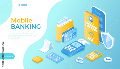 Mobile banking. Online purchase, payment and transaction. User account login form on the phone screen, interface client application. Isometric vector illustration for website.