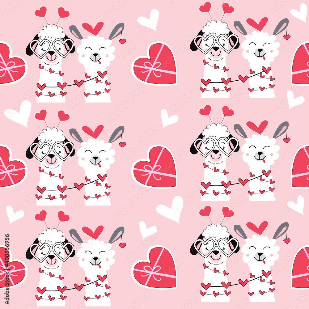 Valentine llama and love hearts seamless pattern. Vector illustration of funny animals. Valentines day concept on a pink background