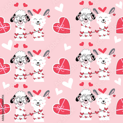 Valentine llama and love hearts seamless pattern. Vector illustration of funny animals. Valentines day concept on a pink background