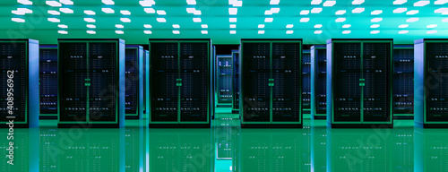 Server room data center. Backup, mining, hosting, mainframe, farm and computer rack with storage information. 3d render