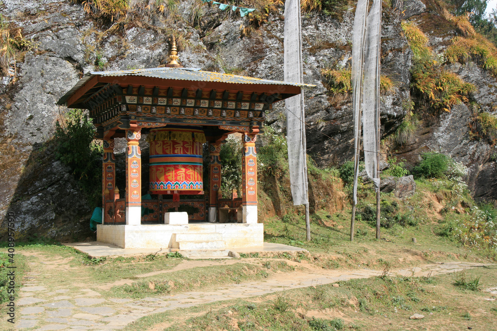 buddhist building (prayer wheel) in paro (bhutan) buddhist building (prayer wheel) in paro (bhutan)
