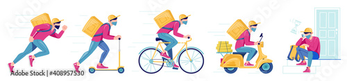 Set of delivery methods for goods, food. Various courier equipment. Fast delivery on foot, scooter, bicycle, motorcycle. Courier wearing a protective mask is waiting for customers. Vector illustration