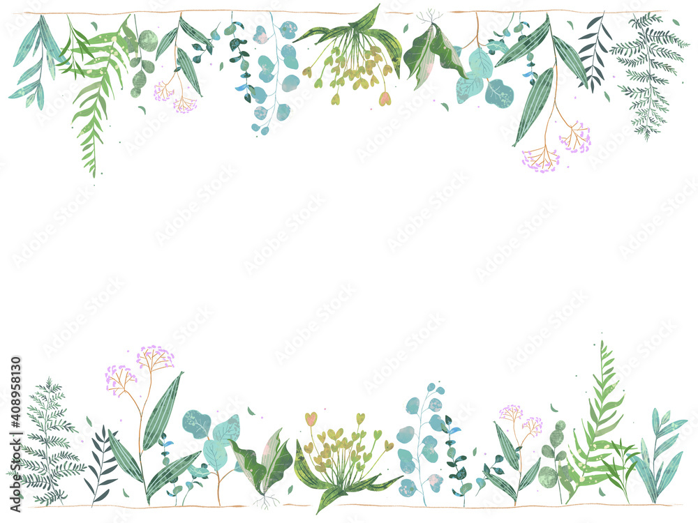 春の優しい色使いのオシャレな植物やお花の白バックのベクターイラスト Stock Illustration Adobe Stock