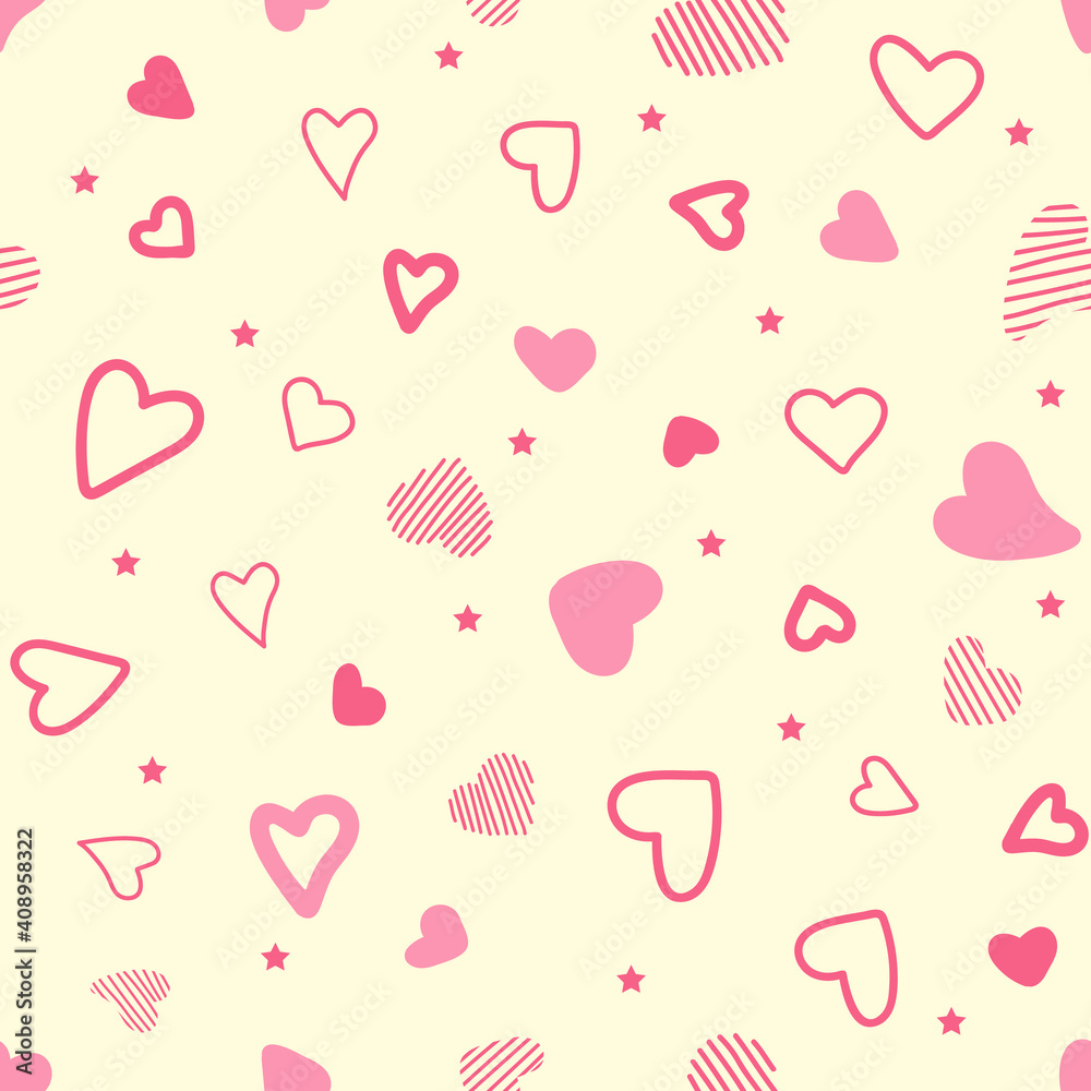 Color pattern with hearts. Chaotic pattern hearts. Seamless vector pattern white hearts on yellow background. Background for valentines day or card love.