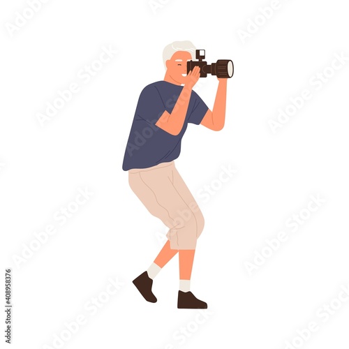 Side view of professional male photographer holding digital photo camera and taking pictures. Modern man focusing and making shots. Colorful flat vector illustration isolated on white background