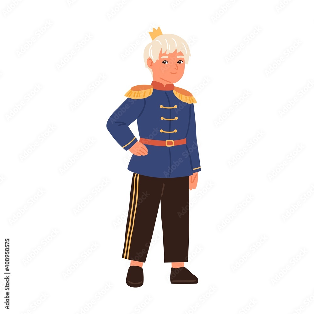 Cute fairytale prince with golden crown isolated on white background. Little boy dressed in military king outfit for costumed carnival or kids theatrical play. Colorful flat vector illustration
