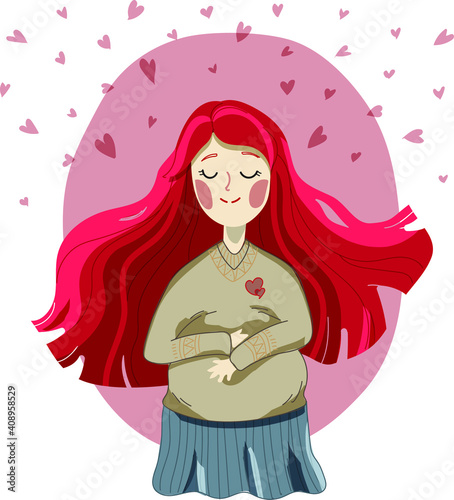 Cute pregnant girl with red hair stroking her belly. Happy expectant mother on a background of hearts