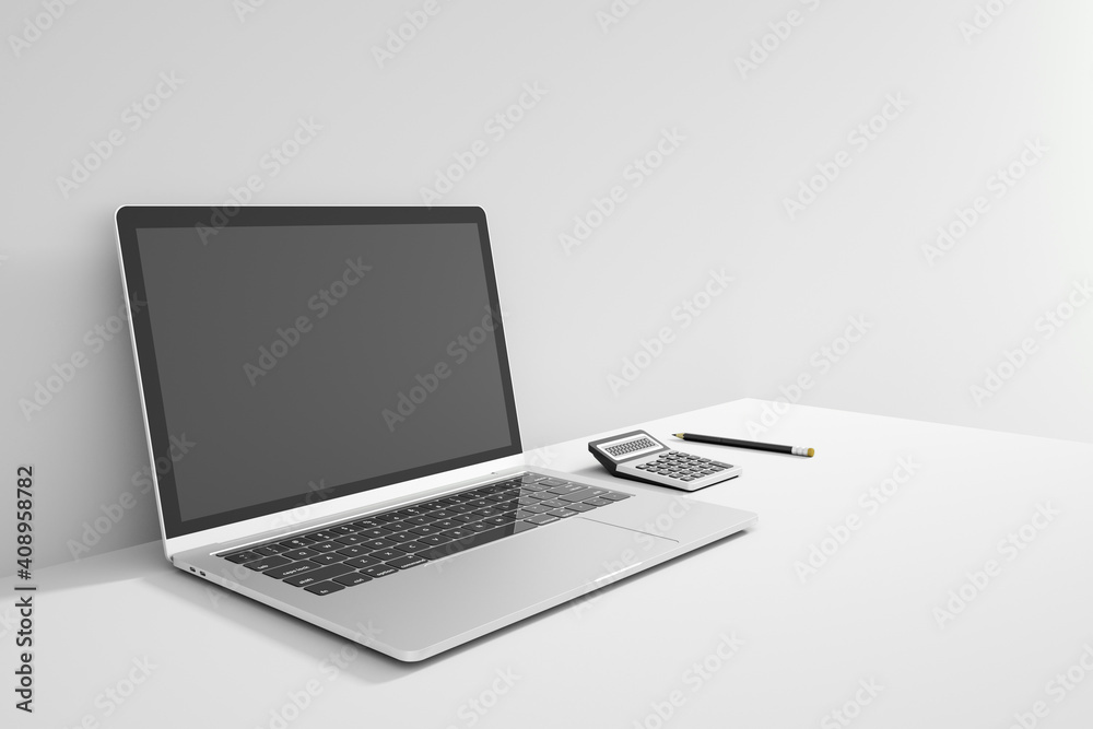 modern Minimal workspace with Laptop, Pens, Calculator. work from home concept. 3d rendering. modern Minimal workspace with Laptop, Pens, Calculator. work from home concept. 3d rendering.