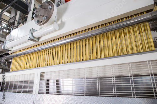 Pasta producing process, various types of pasta on conveyor belt