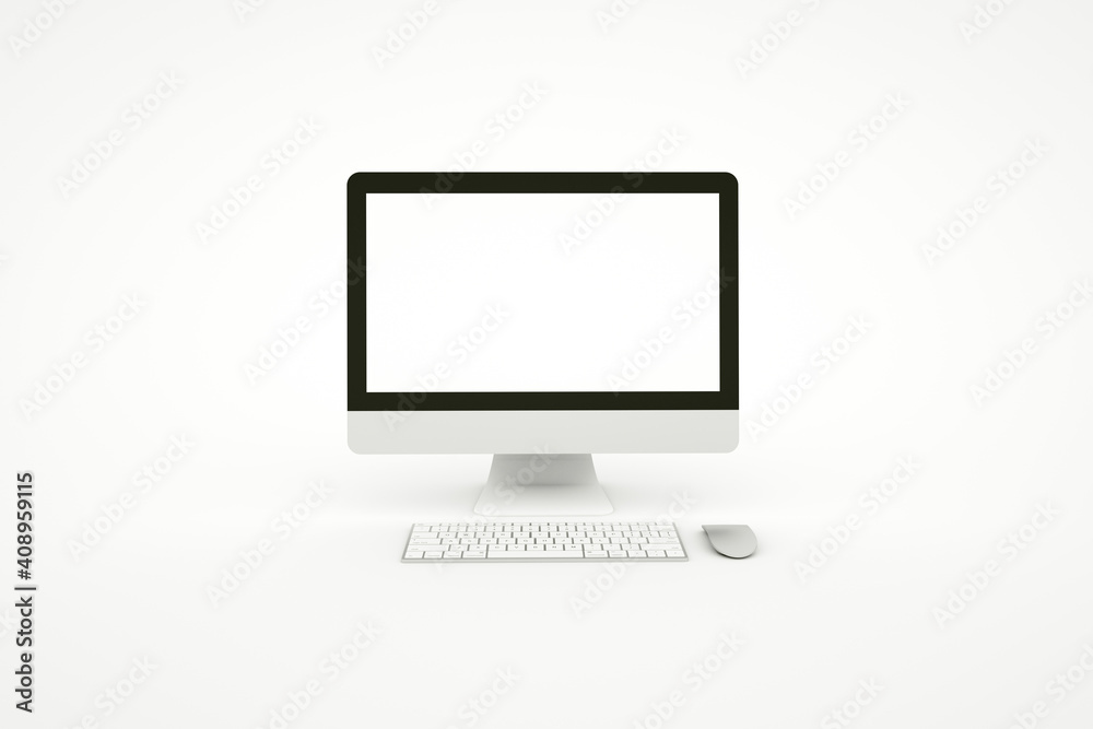 Monitor with keyboard and computer mouse on yellow background. 3d rendering. Minimal idea concept Monitor with keyboard and computer mouse on yellow background. 3d rendering. Minimal idea concept