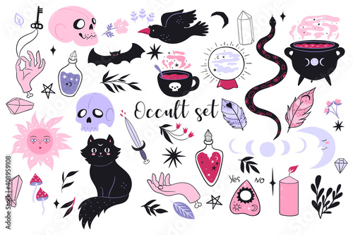 Large Occult set of magic items isolated on white background. Vector graphics.