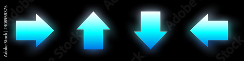 Set of blue glowing arrows. Modern glowing direction pointer with vibrant gradient. Design elements for poster, banner, flyer, card, etc. Dark background. Vector illustration.