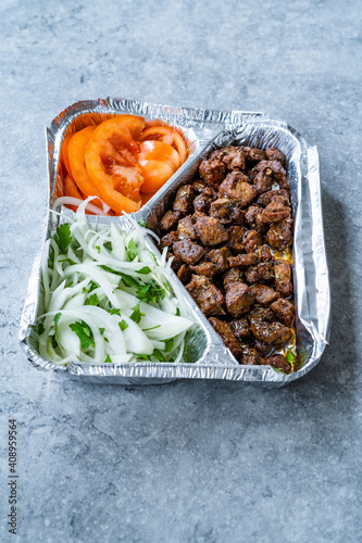 Turkish Take Away Kebab Liver with Onions and Tomatoes in Tabldot Foil Plate