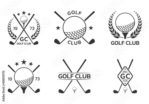 Golf club logo, badge or icon set with crossed golf clubs and ball on tee. Vector illustration. 