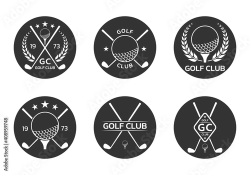 Golf club logo, badge or icon set with crossed golf clubs and ball on tee. Vector illustration.  